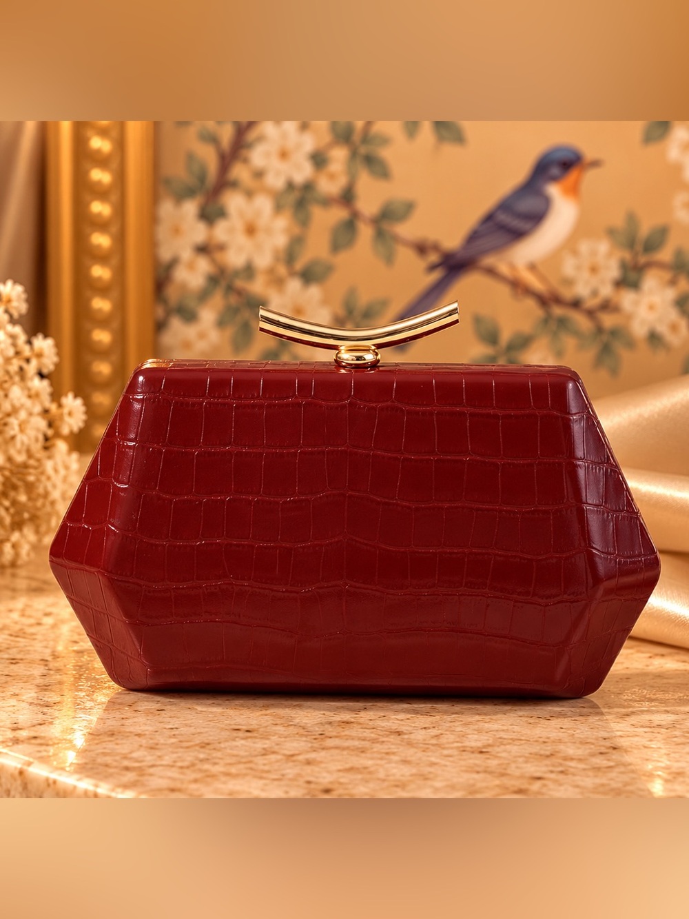 Burgundy Croc Embossed Evening Clutch Bag Gold Handle Elegant Frame Purse Fifi’s - Picture 1 of 4